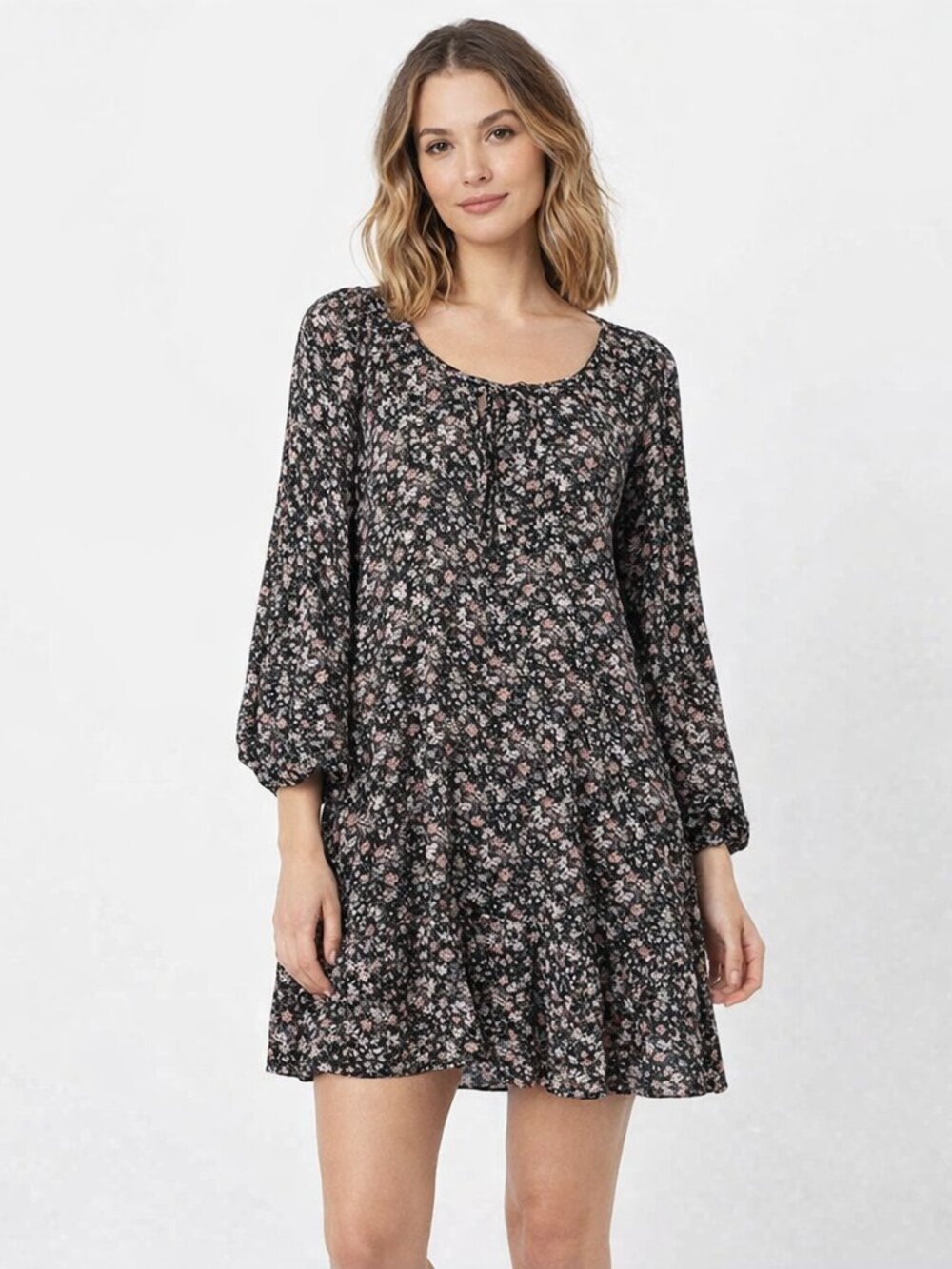 Lucky Brand Printed Flouncey Mini Dress 3/4 Sleeved Black Floral NWT Size XS - Picture 1 of 7